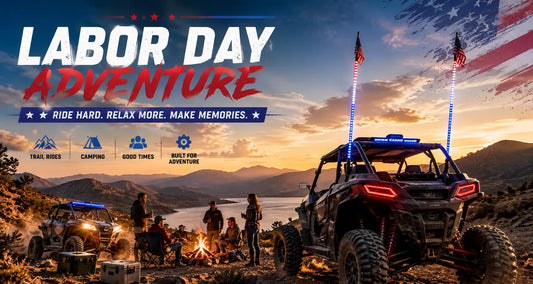 Group of UTV riders preparing for a Labor Day off-road camping adventure